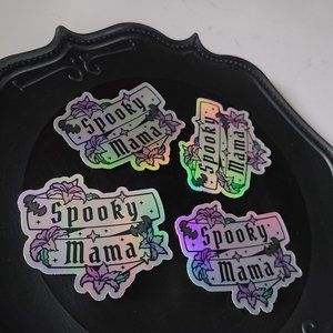 Spooky Mama Holographic Vinyl Sticker, Witch, Bats